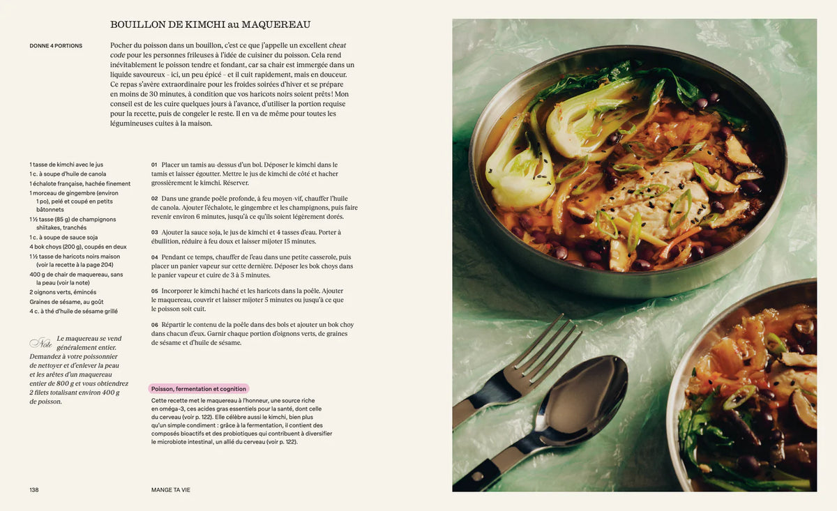 Recette de bouillon de kimchi au maquereau, du livre mange ta vie, science, saveurs et santé.