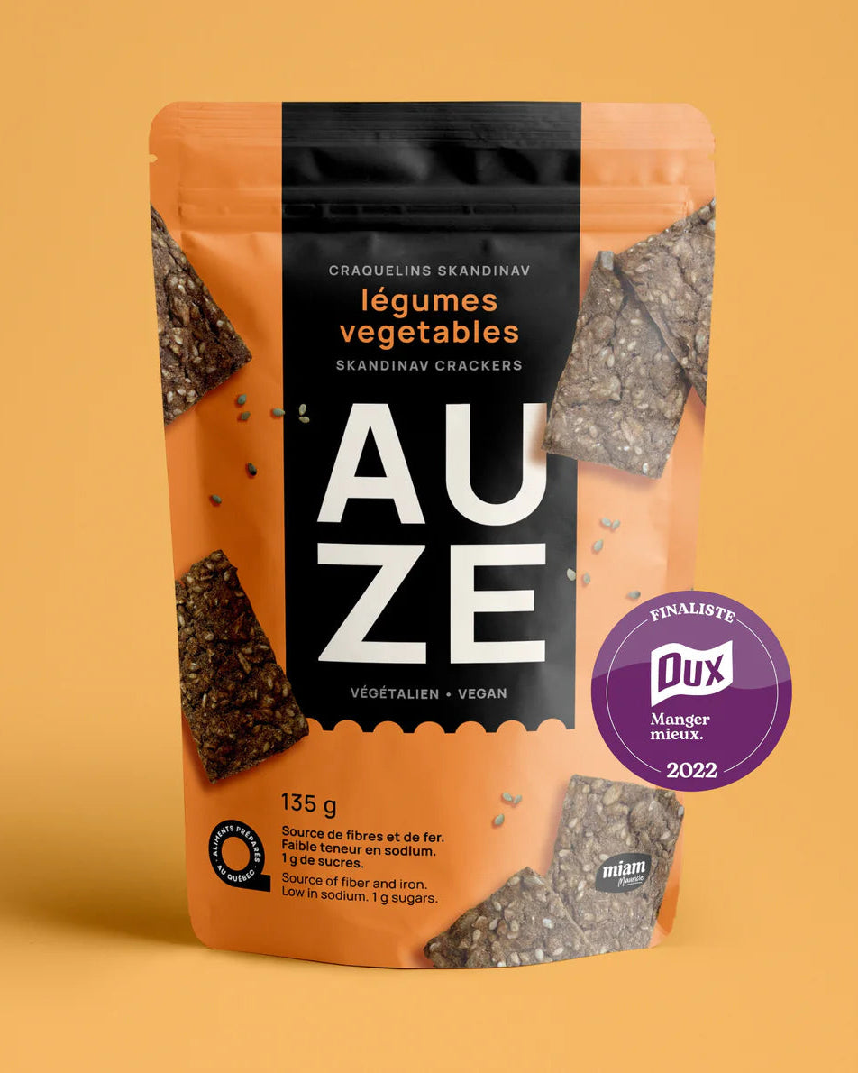 Un sac de craquelins skandinav au légumes de l'entreprise AUZE.